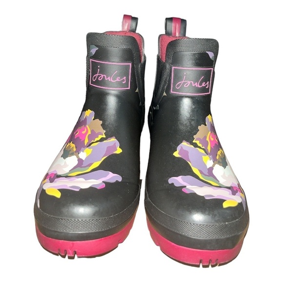 Joules Black & Hot Pink Floral Wellibob Chelsea Rain Boot Women’s Size 5 - Picture 2 of 6